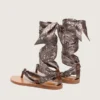 Women’s flat sandals with gray paisley pattern and jewel detail