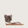 Women’s flat sandals with gray paisley pattern and jewel detail