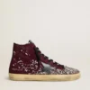 Women's Francy LAB in burgundy suede with glossy black leather star and rhinestones