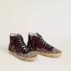 Women's Francy LAB in burgundy suede with glossy black leather star and rhinestones