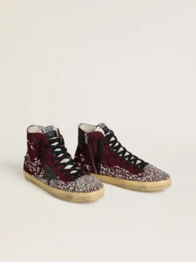 Women’s Francy LAB in burgundy suede with glossy black leather star and rhinestones