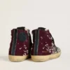 Women's Francy LAB in burgundy suede with glossy black leather star and rhinestones