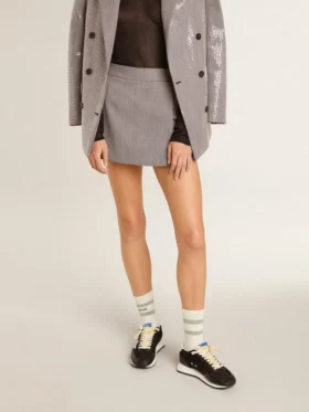 Women’s gray mini shorts in houndstooth wool