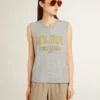 Women's gray sleeveless T-shirt with yellow print