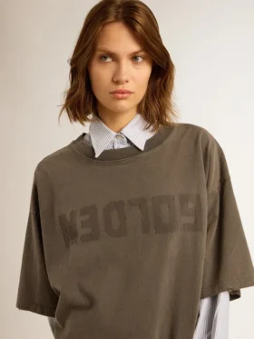 Women’s gray T-shirt dress with distressed treatment