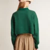 Women's green cropped polo sweatshirt with print