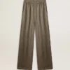 Women's green viscose-blend silk pants with floral pattern