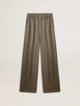 Women's green viscose-blend silk pants with floral pattern