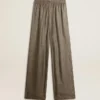 Women's green viscose-blend silk pants with floral pattern