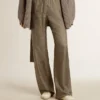 Women's green viscose-blend silk pants with floral pattern