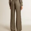 Women's green viscose-blend silk pants with floral pattern