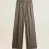 Women's green viscose-blend silk pants with floral pattern