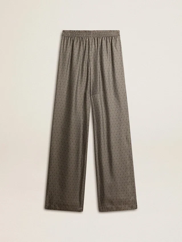 Women's green viscose-blend silk pants with floral pattern