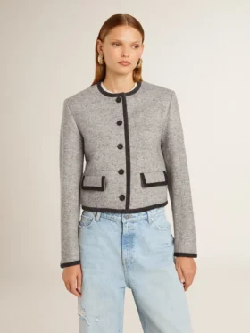 Women’s grey wool and silk jacket with black suede trim