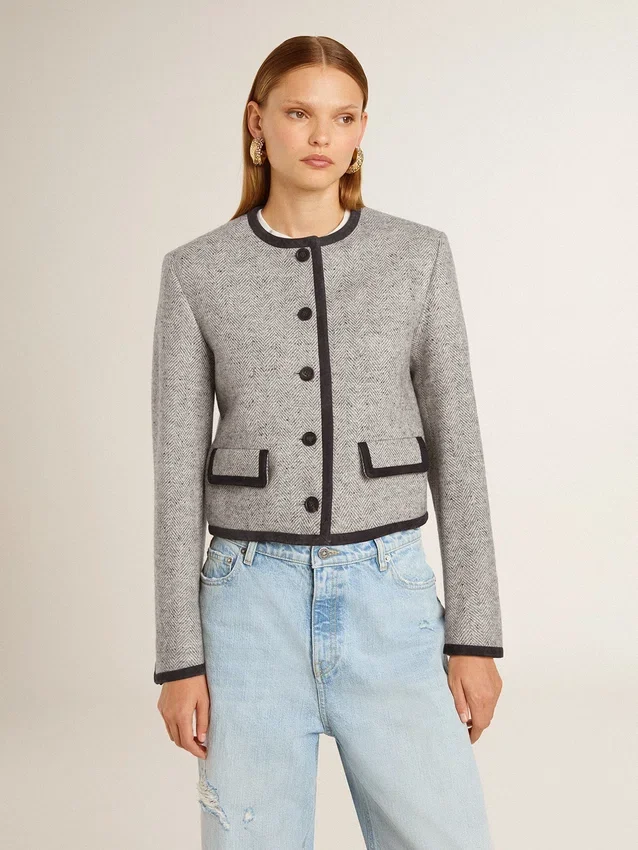 Women's grey wool and silk jacket with black suede trim