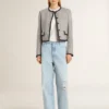 Women's grey wool and silk jacket with black suede trim