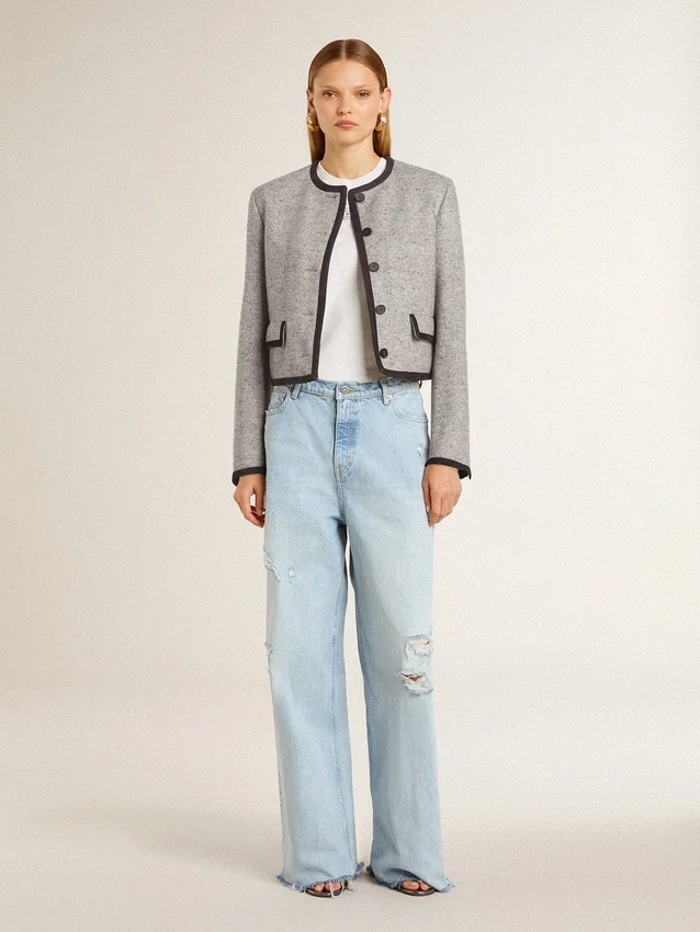Women's grey wool and silk jacket with black suede trim