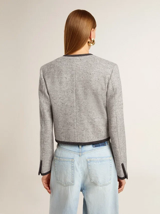 Women's grey wool and silk jacket with black suede trim