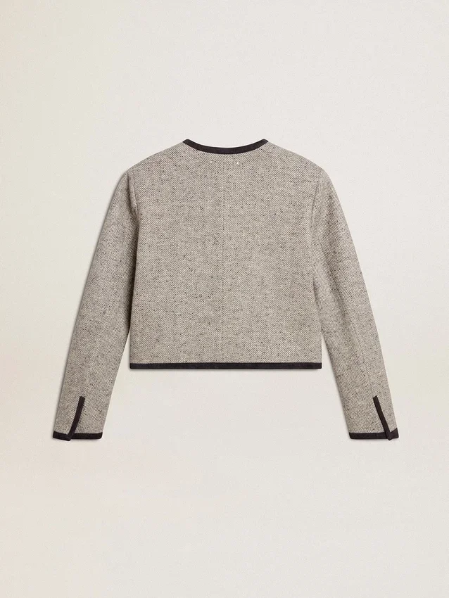 Women's grey wool and silk jacket with black suede trim