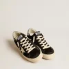Women’s Hi Star in black leather with silver glitter heel tab