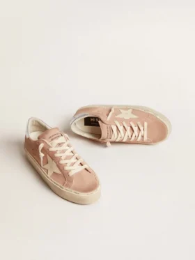 Women’s Hi Star in pink suede with cream star and silver leather heel tab