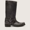 Women's high Biker boots in black leather with strap and silver-colored buckle