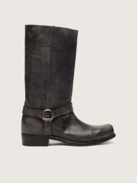 Women's high Biker boots in black leather with strap and silver-colored buckle