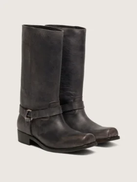 Women’s high Biker boots in black leather with strap and silver-colored buckle