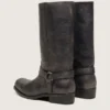 Women's high Biker boots in black leather with strap and silver-colored buckle