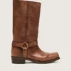 Women's high Biker boots in brown leather with strap and antique gold-colored buckle
