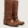 Women's high Biker boots in brown leather with strap and antique gold-colored buckle