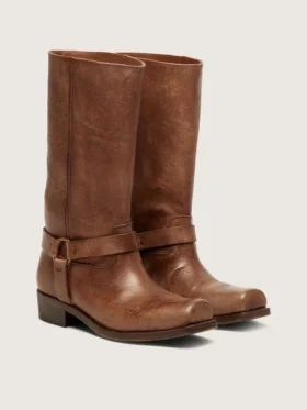 Women’s high Biker boots in brown leather with strap and antique gold-colored buckle