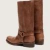 Women's high Biker boots in brown leather with strap and antique gold-colored buckle
