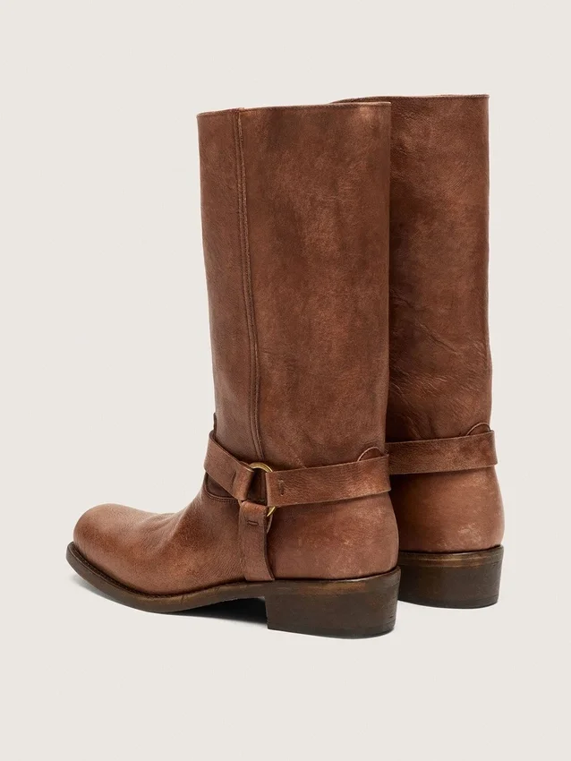 Women's high Biker boots in brown leather with strap and antique gold-colored buckle
