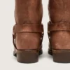 Women's high Biker boots in brown leather with strap and antique gold-colored buckle