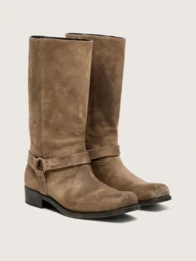 Women’s high Biker boots in dark beige waxed suede with strap and a silver-colored buckle