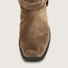 Women's high Biker boots in dark beige waxed suede with strap and a silver-colored buckle