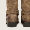 Women's high Biker boots in dark beige waxed suede with strap and a silver-colored buckle