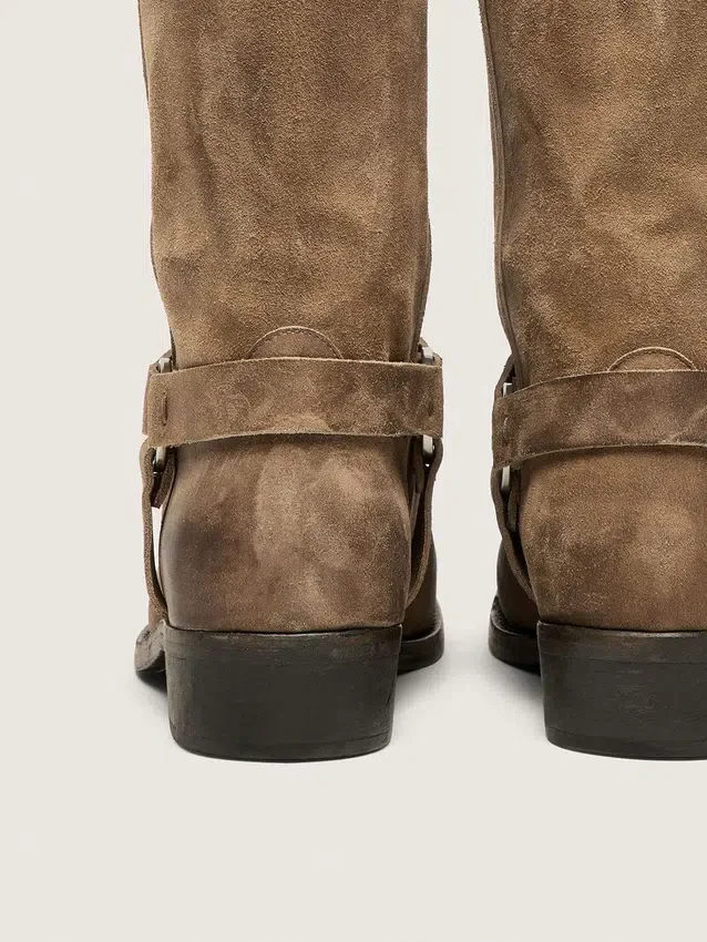 Women's high Biker boots in dark beige waxed suede with strap and a silver-colored buckle