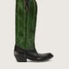 Women's high Wish Star boots in black leather with green leather leg and white embroidery