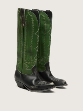 Women’s high Wish Star boots in black leather with green leather leg and white embroidery