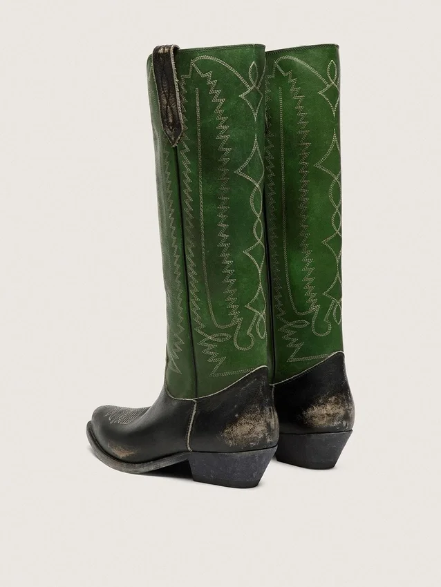 Women's high Wish Star boots in black leather with green leather leg and white embroidery