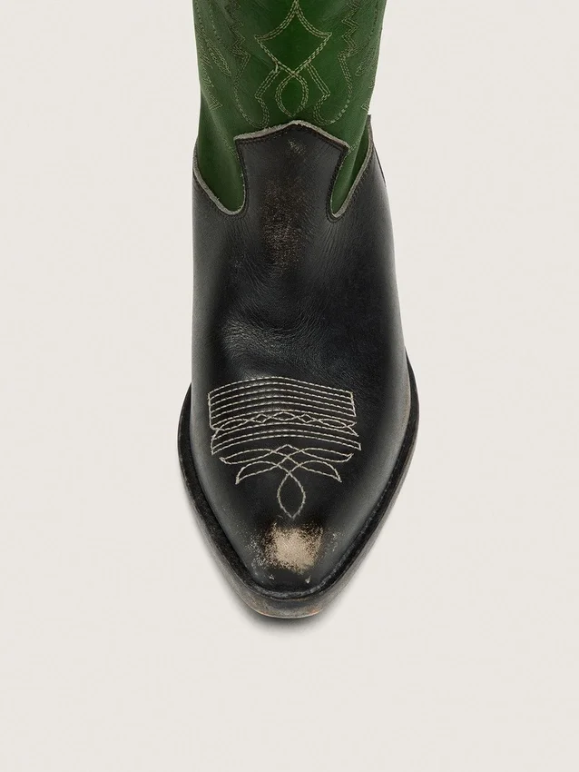 Women's high Wish Star boots in black leather with green leather leg and white embroidery