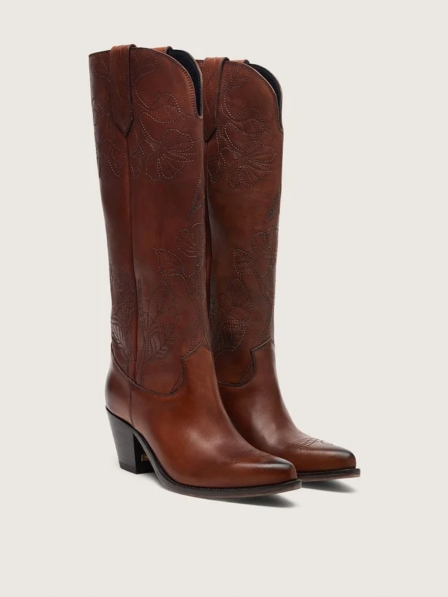 Women's high Wish Star boots in brown leather with floral embroidery