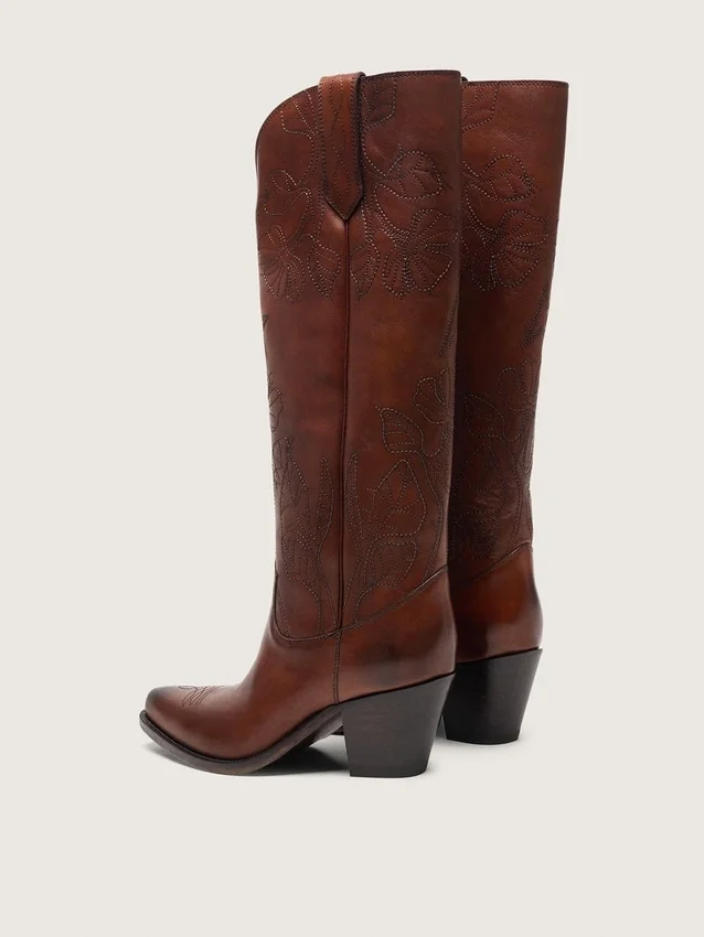Women's high Wish Star boots in brown leather with floral embroidery