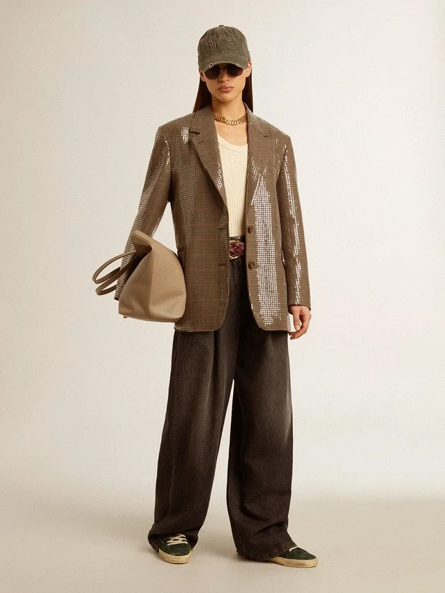 Women's houndstooth jacket with all-over sequin embroidery