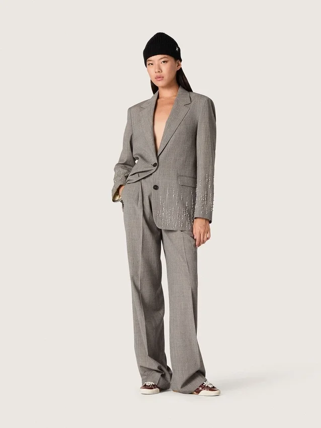 Women's jacket in gray Prince of Wales check with crystal embroidery