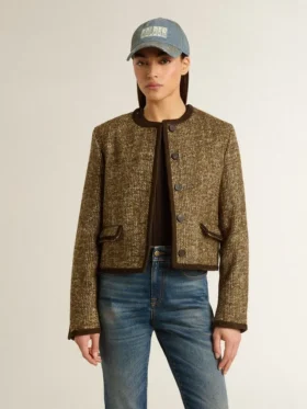 Women’s Journey jacket in wool tweed with coffee-colored suede details