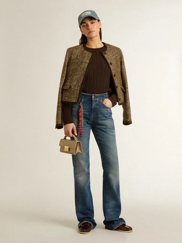 Women's Journey jacket in wool tweed with coffee-colored suede details