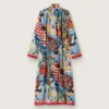 Women's kaftan dress in ecru cotton voile with multicolor print